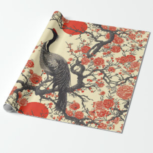 Papel De Regalo Grulla Oriental y Peonía - Arte Asiático Tradicion