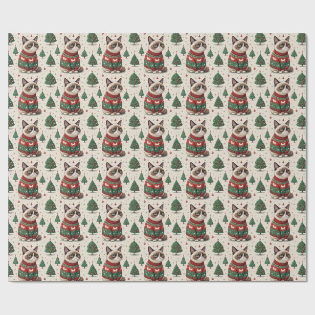 Papel De Regalo Grumpy Christmas Cat in Ugly Sweater (Superficie plana)