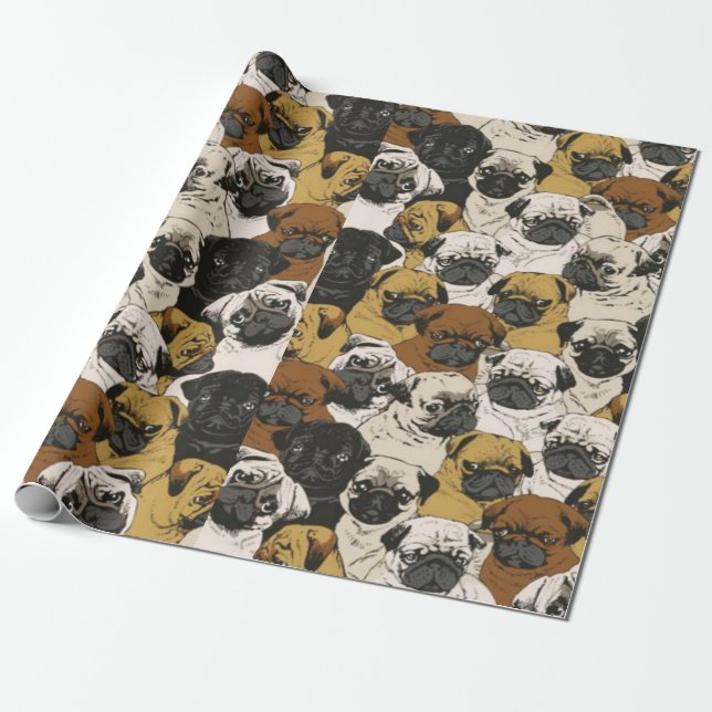Papel De Regalo Grumpy Pugs / Gracioso Patrón de Cachorros de Pug  (Desenrollado)