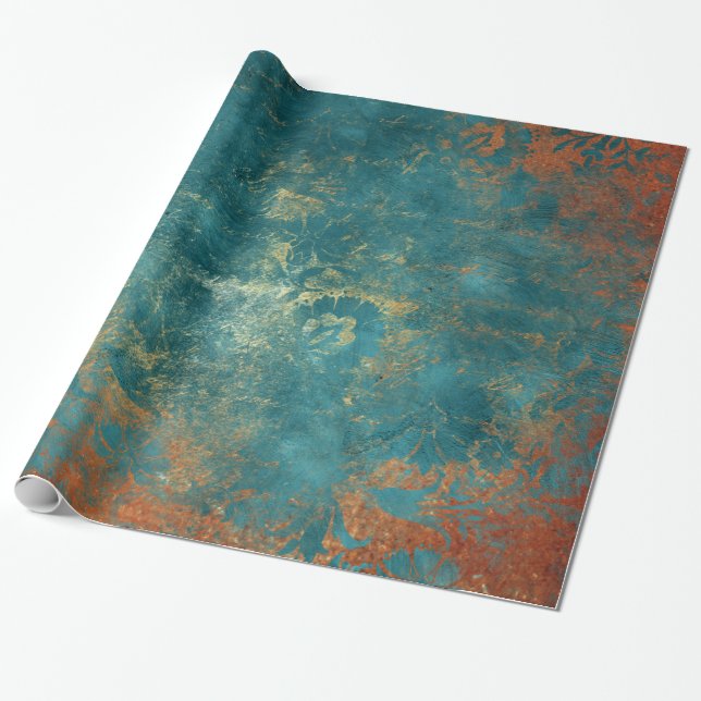 Papel De Regalo Grunge Copper Patina y Turquesa Damask (Desenrollado)