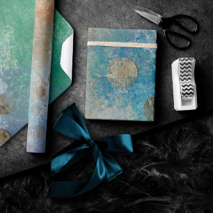 Papel De Regalo Grunge costero   Oro azul y verde acuarela