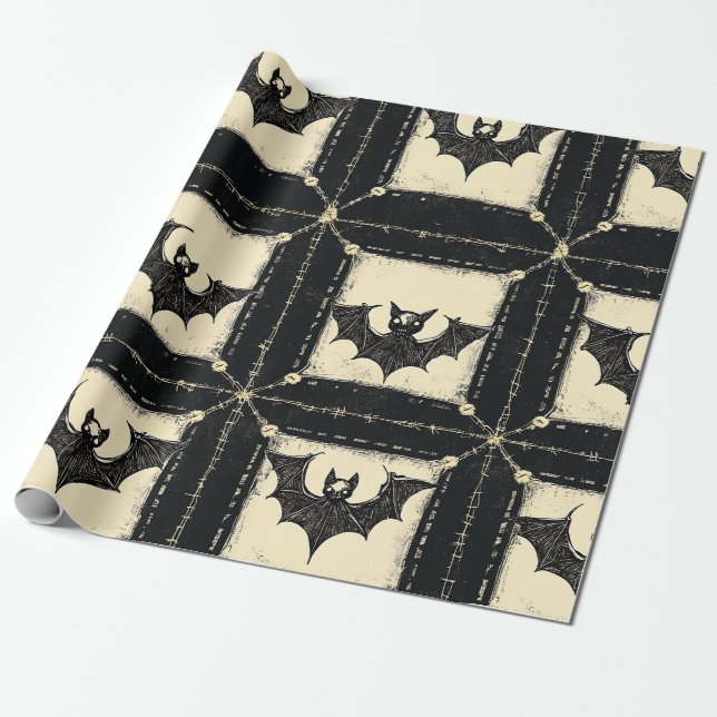 Papel De Regalo Grunge Denim Halloween Patchwork con murciélagos (Desenrollado)