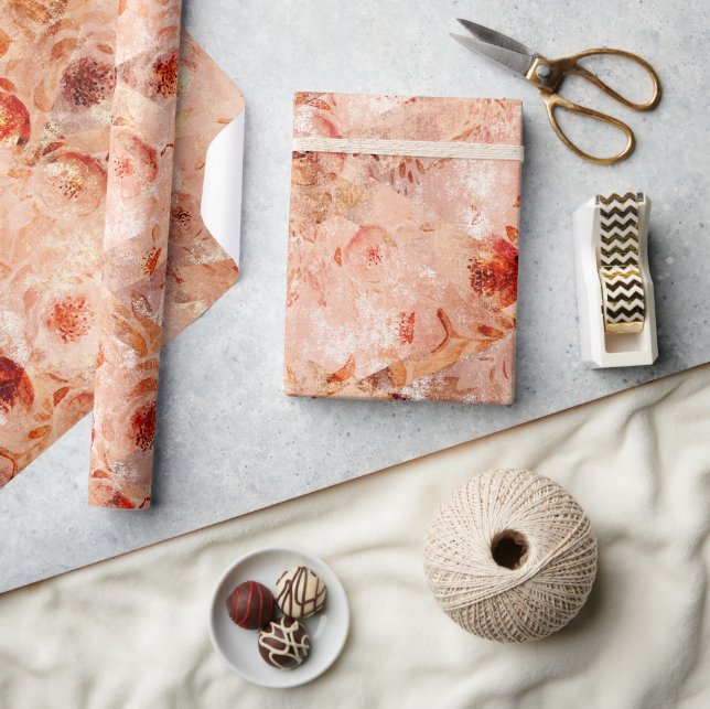 Papel De Regalo Grunge patrón floral. Fondo coral. (Artesanía)