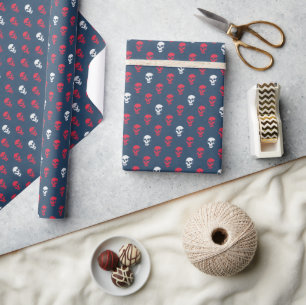 Papel De Regalo Grungy Calavera anatómica Polkadots azul rojo blan