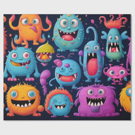 Papel De Regalo Grupo feliz de monstruos coloridos sobre negro