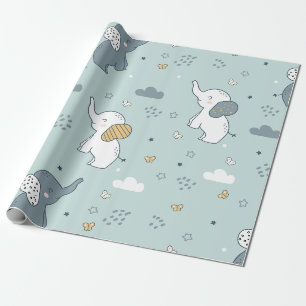 Papel De Regalo Guardería de elefante bebé Kawaii azul