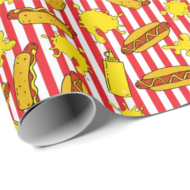 Papel De Regalo Guay Hot Dogs Mustard Splashes Blancos Rojos (Esquina del rollo)