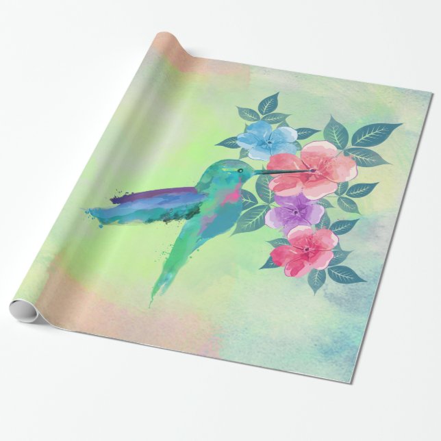 Papel De Regalo Guay lindo trendy acuarela colibrí floral (Desenrollado)
