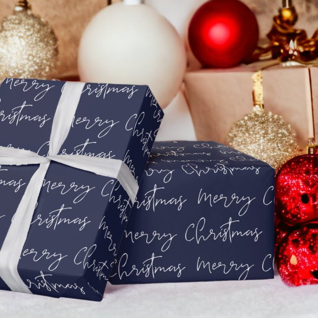 Papel De Regalo Guay Merry Christmas script font blue (Cool Merry Christmas script font blue pattern Wrapping Paper)