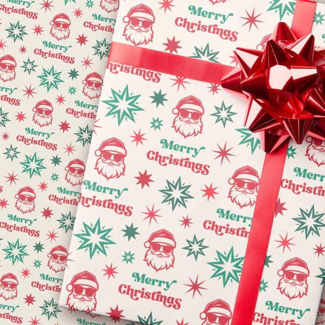 Papel De Regalo Guay Santa retro Feliz Navidad verde pálido rojo (Cool Santa retro Merry Christmas pale red green Wrapping Paper)