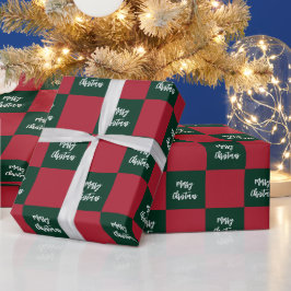Papel De Regalo Guión de Feliz Navidad en Cuadrícula Verde y Rojo