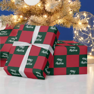 Papel De Regalo Guión de Feliz Navidad en Cuadrícula Verde y Rojo