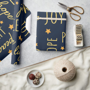 Papel De Regalo Guión de Navidad moderno en azul marino y dorado