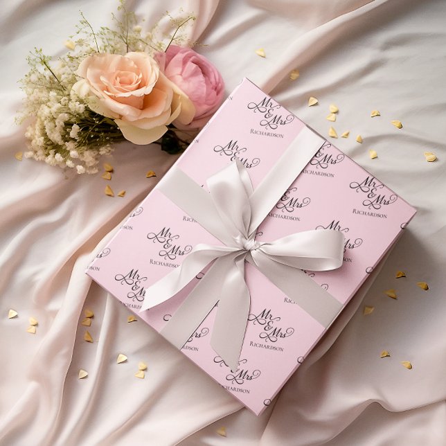 Papel De Regalo Guion de Sr y Sra rosa personalizado (elegant pink Mr and Mrs wrapping paper with script calligraphy for newlywed couples anniversaries)