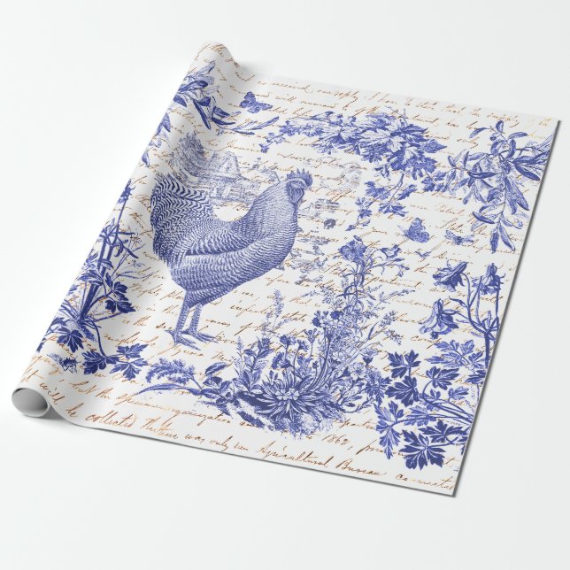 Papel De Regalo Guión floral anticuado de gallo azul de gallo