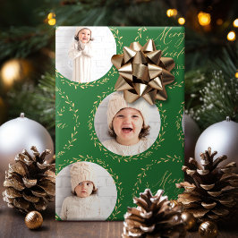 Papel De Regalo Guión moderno verde Feliz Navidad Familia 6 foto