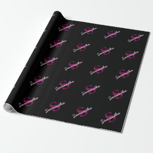 Papel De Regalo Guión monograma rosa y negro de Personalizable cor