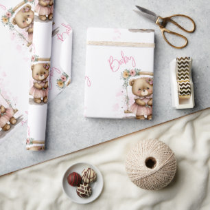 Papel De Regalo Guión para bebé rosa Teddy Bear Baby Shower
