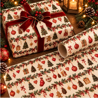 Papel De Regalo Guirnalda de Navidad de hoja perenne vintage y col