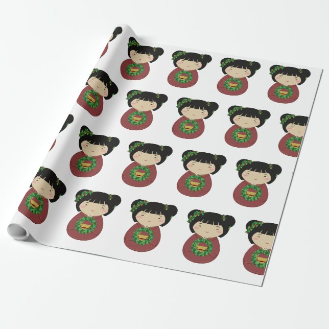 Papel De Regalo Guirnalda del navidad de Kokeshi (Desenrollado)