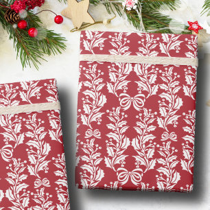 Papel De Regalo Guirnalda Retro Vintage Navideña Roja Blanca Acebo