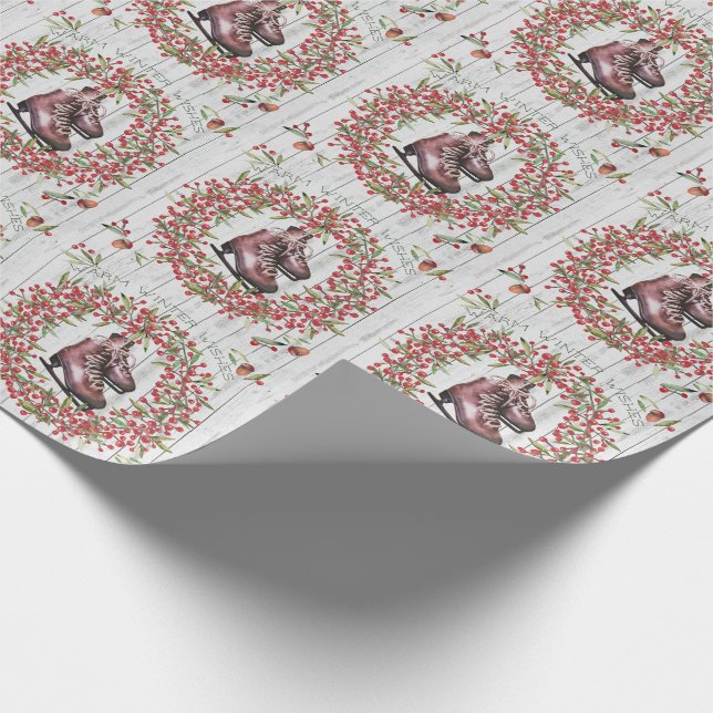 Papel De Regalo Guirnalda y patines rústicos del día de fiesta del (Esquina)