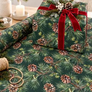Papel De Regalo Guirnaldas de Pino Blanco cargadas de Piñas
