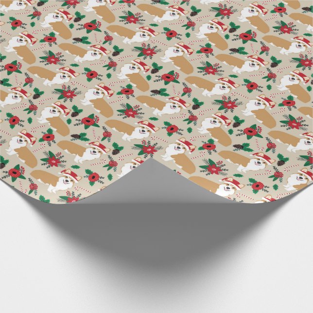 Papel De Regalo guirnaldas de santa corgi navidades de poinsettia  (Esquina)