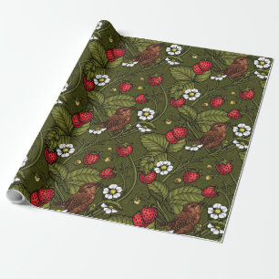 Papel De Regalo Guirnaldas y fresas en verde oscuro