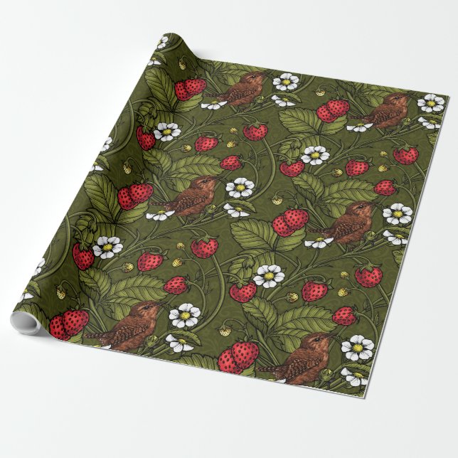 Papel De Regalo Guirnaldas y fresas en verde oscuro (Desenrollado)