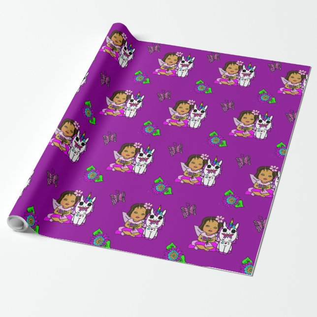 Papel De Regalo Hada Caprichosa Morada, Flores, Mariposas (Desenrollado)