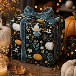 Papel De Regalo Hada Cute de Halloween con Calabazas Pastel
