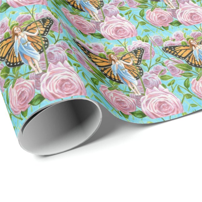 Papel De Regalo Hada monarca entre los Rosas (Esquina del rollo)