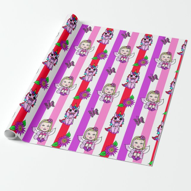 Papel De Regalo Hadas Moradas y Rosadas, Flores y Mariposas (Desenrollado)