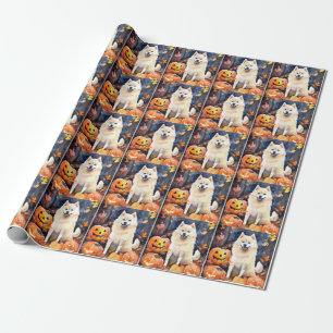 Papel De Regalo Halloween American Akita con calabazas aterradoras