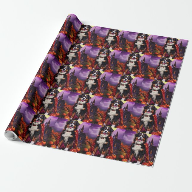 Papel De Regalo Halloween Berna Montaña Dog Pumpkins Scary (Desenrollado)