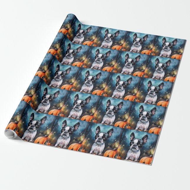 Papel De Regalo Halloween Boston Terrier con calabazas aterradoras (Desenrollado)