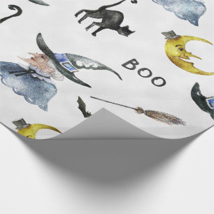 Papel De Regalo Halloween - bruja de la acuarela - gato - luna