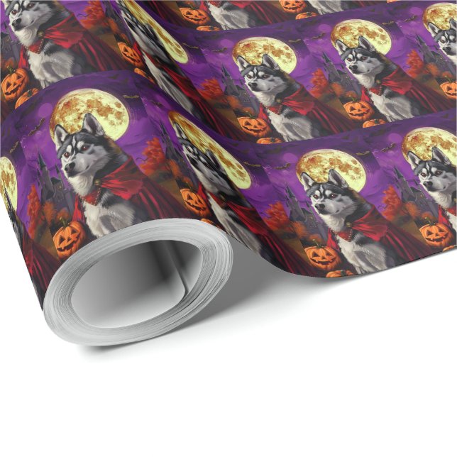 Papel De Regalo Halloween Calabazas Siberianas Husky Vampis asusta (Esquina del rollo)