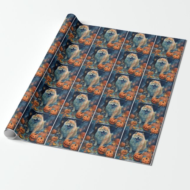 Papel De Regalo Halloween Chow Chow Con Calabazas Asustadas (Desenrollado)