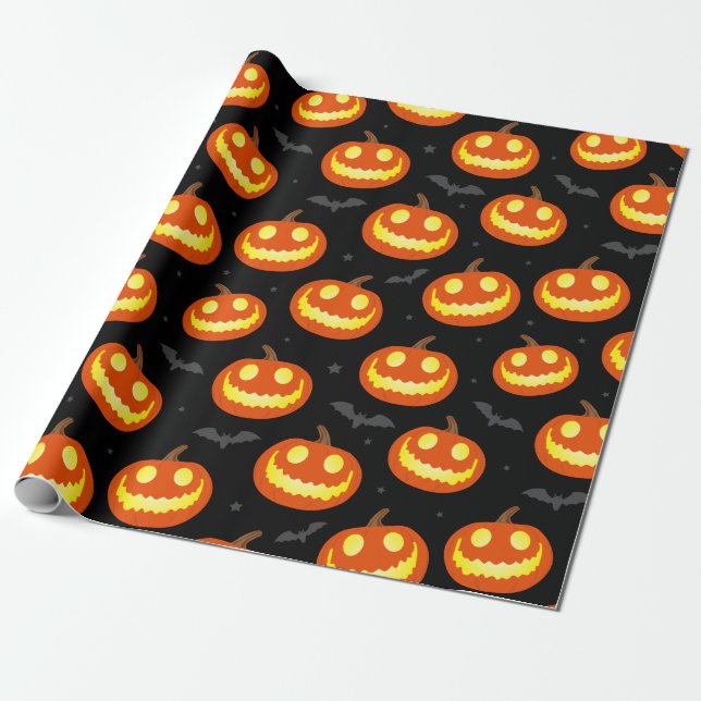 Papel De Regalo Halloween con sonrientes calabazas y murciélagos J (Desenrollado)
