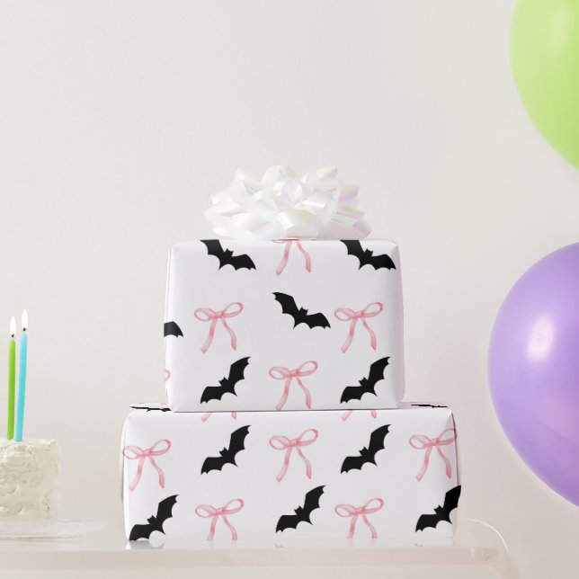 Papel De Regalo halloween Coquette arco rosa y murciélago (Regalos de fiesta)