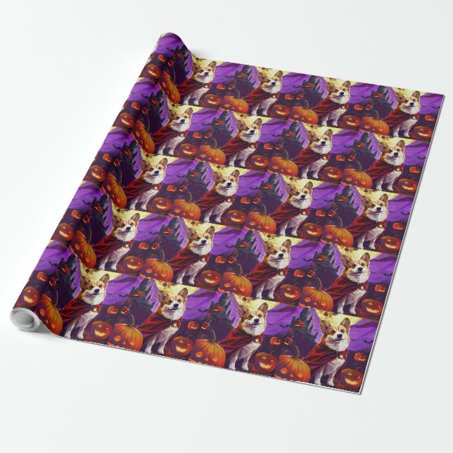 Papel De Regalo Halloween Corgi Vampis Pumpkins Scary (Desenrollado)