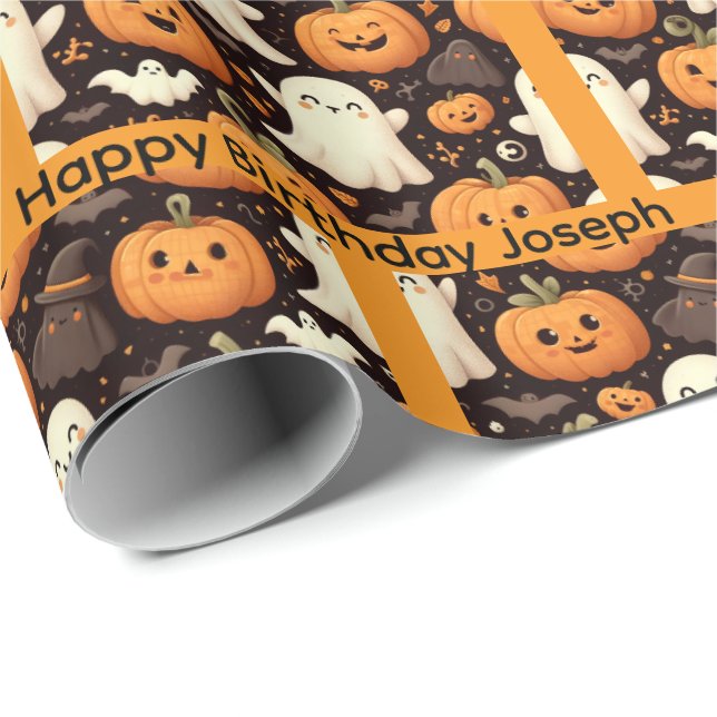 Papel De Regalo Halloween Cumpleaños Personalización Nombre niño o (Esquina del rollo)