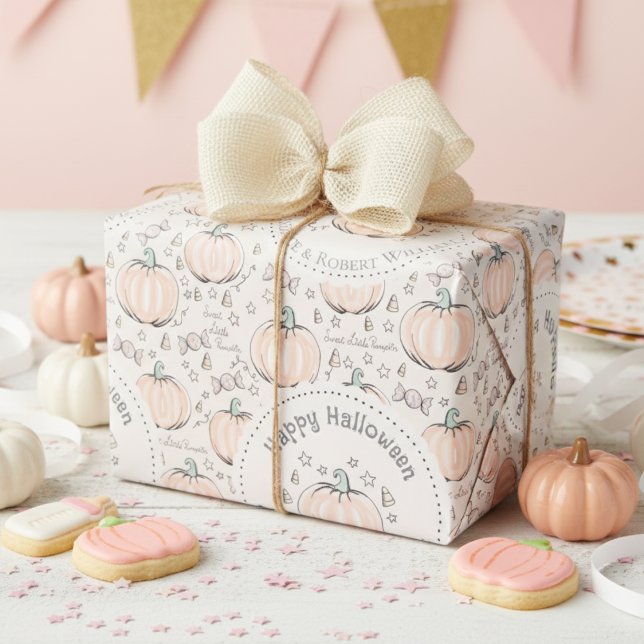 Papel De Regalo Halloween de bebé de calabaza para naranja y crema (Fun Whimsical Pastel Orange Pumpkins Pattern Gift Wrap for Kids Halloween Party or October Birthday)