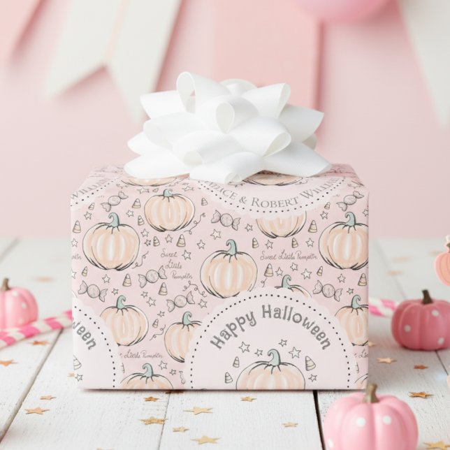 Papel De Regalo Halloween de bebé de calabaza rosa Rubor (Adorable Pink Kids Halloween Wrapping Paper. Cute Pumpkins, Candy & "Sweet Little Pumpkin Pattern)