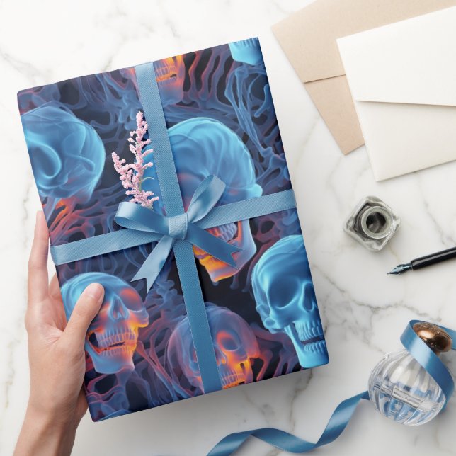 Papel De Regalo Halloween de espeluznantes cráneos azules florecie (Regalar)