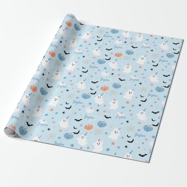 Papel De Regalo Halloween De Fantasma Azul Con Nombre Personalizad (Desenrollado)