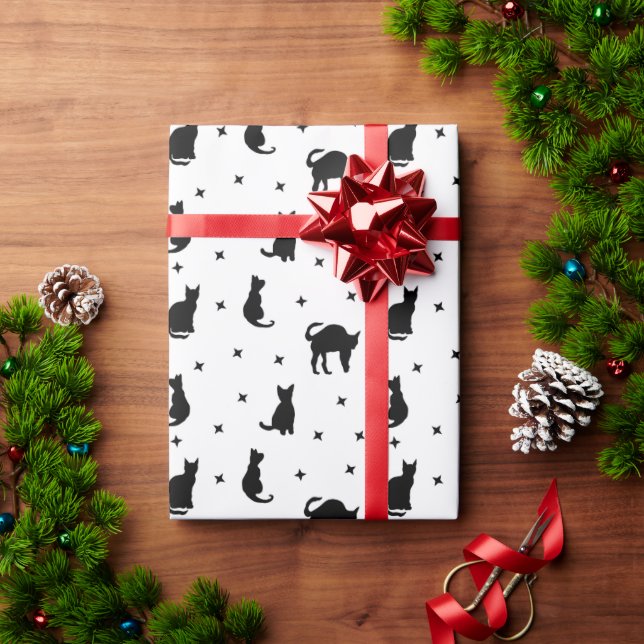 Papel De Regalo Halloween de gatos negros y estrellas (Regalo de vacaciones)
