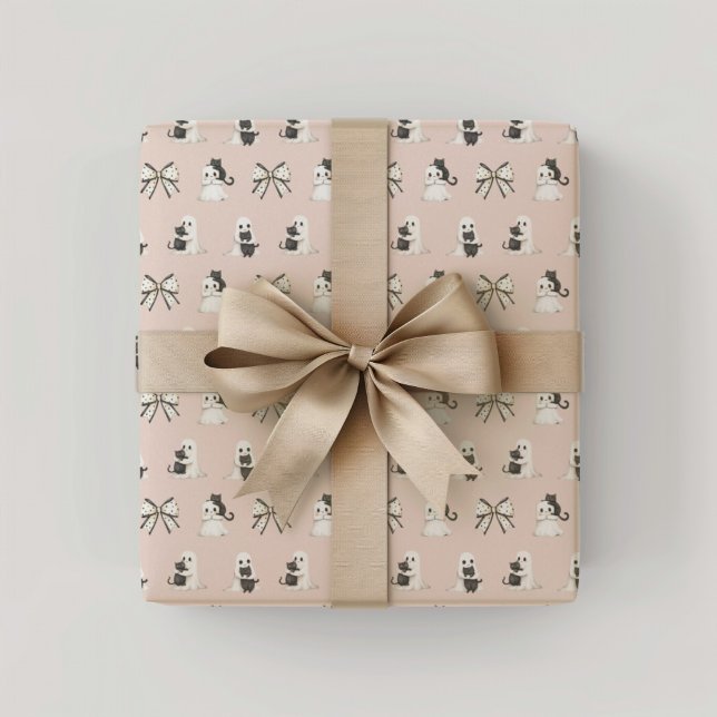 Papel De Regalo Halloween de gatos rosados y fantasmas (Pink Cats and ghosts Wrapping Paper)